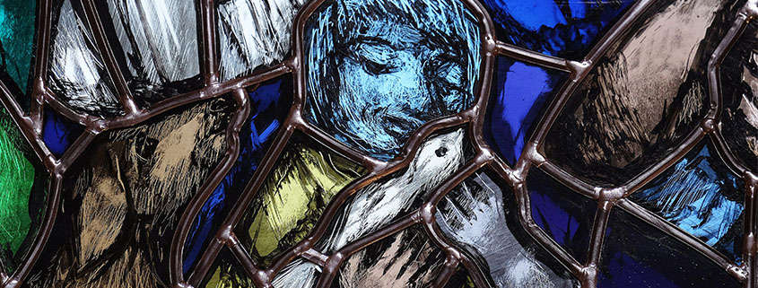 Spirit of God awakens a new life, both dead and alive, detail of stained glass window by Sieger Koder in church of Saint John in Piflas, Germany